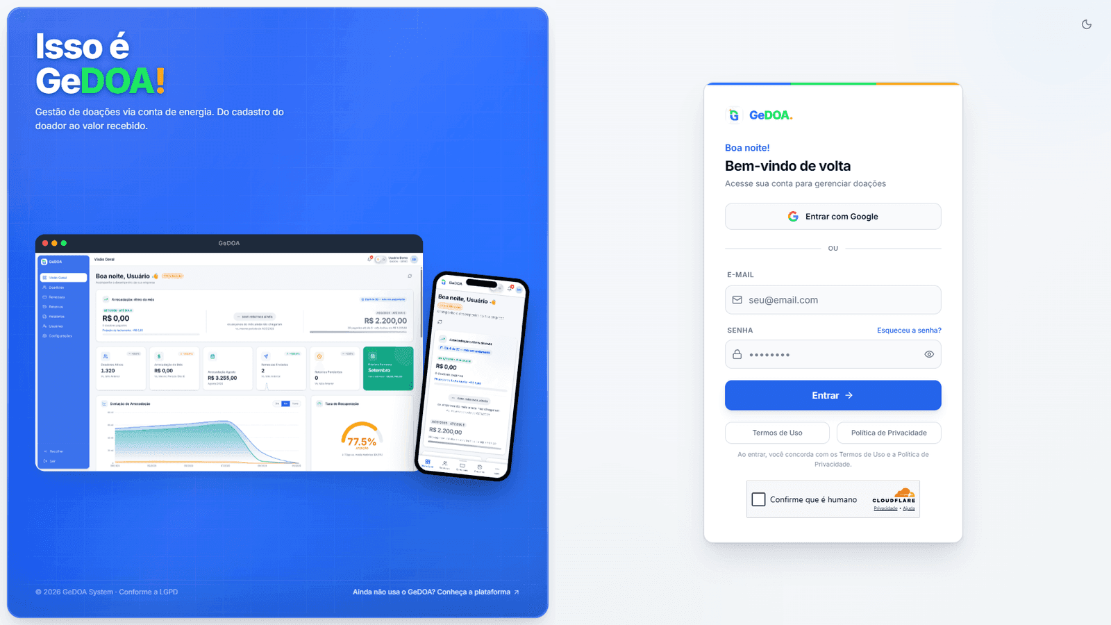 Tela de login do GeDOA, com a opção de entrar com Google e o formulário de e-mail e senha